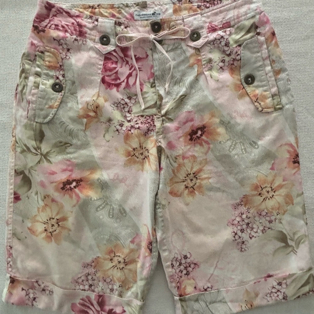 Caribbean Joe Pink & Cream Tropical Floral Linen-Cotton Bermuda Shorts